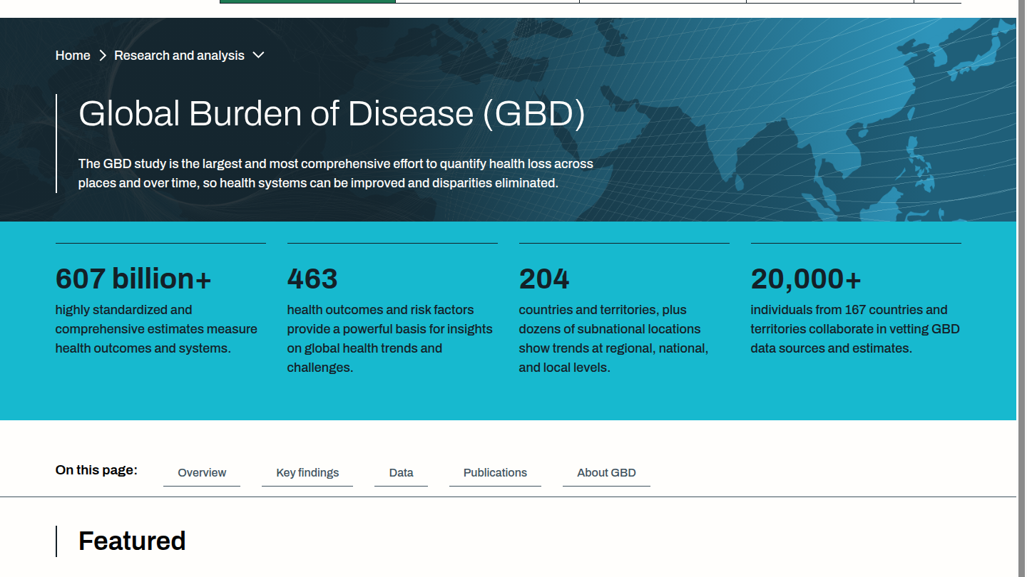 IHME 官网 GBD 页面:6070 亿+ 估算、463 项健康结果与风险因素、204 个国家/地区、2 万+ 协作研究者