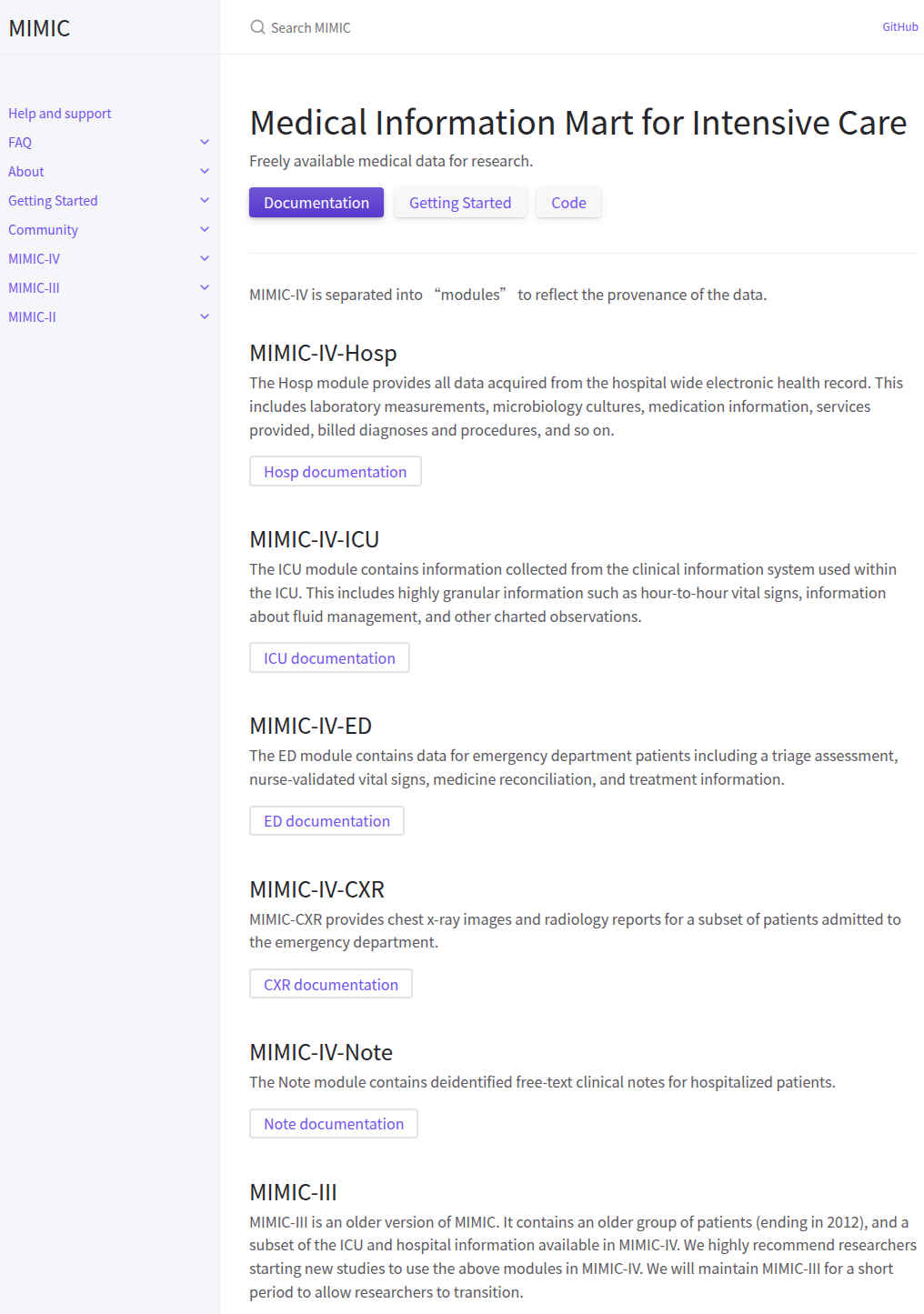 MIMIC 官网首页:MIMIC-IV 的 Hosp/ICU/ED/CXR/Note 模块与 MIMIC-III 介绍