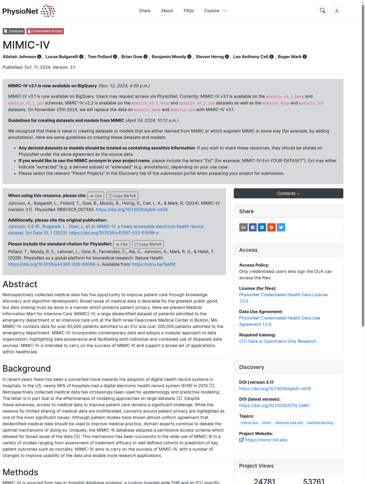 PhysioNet MIMIC-IV v3.1 数据页:版本 3.1(2024 年 10 月 11 日发布)、作者、摘要(ICU 患者 6.5 万余、急诊 20 万余)、访问许可(DUA 与 CITI 培训要求)与引用信息