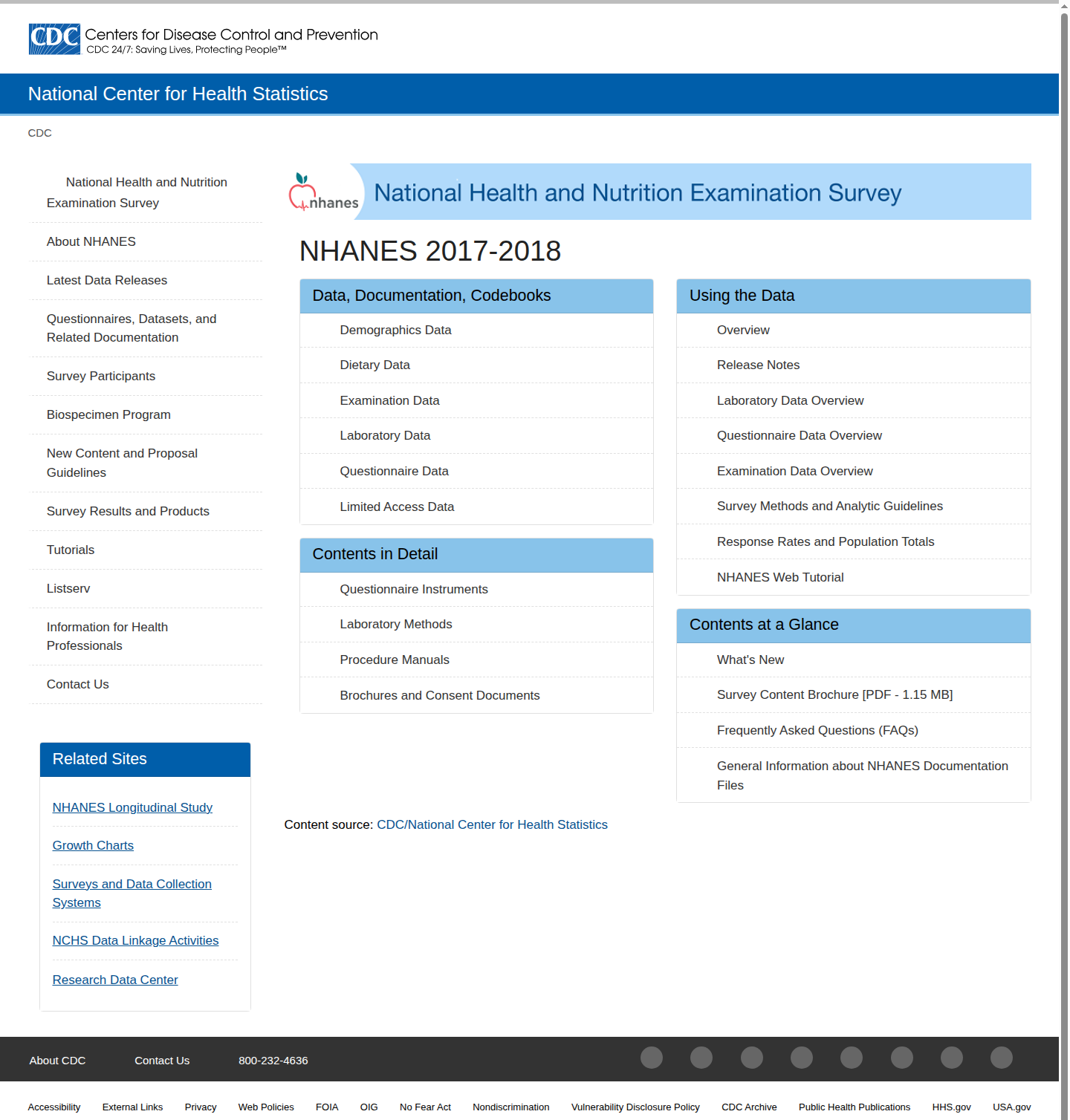 NHANES 官网:Continuous NHANES 2017-2018 数据页面