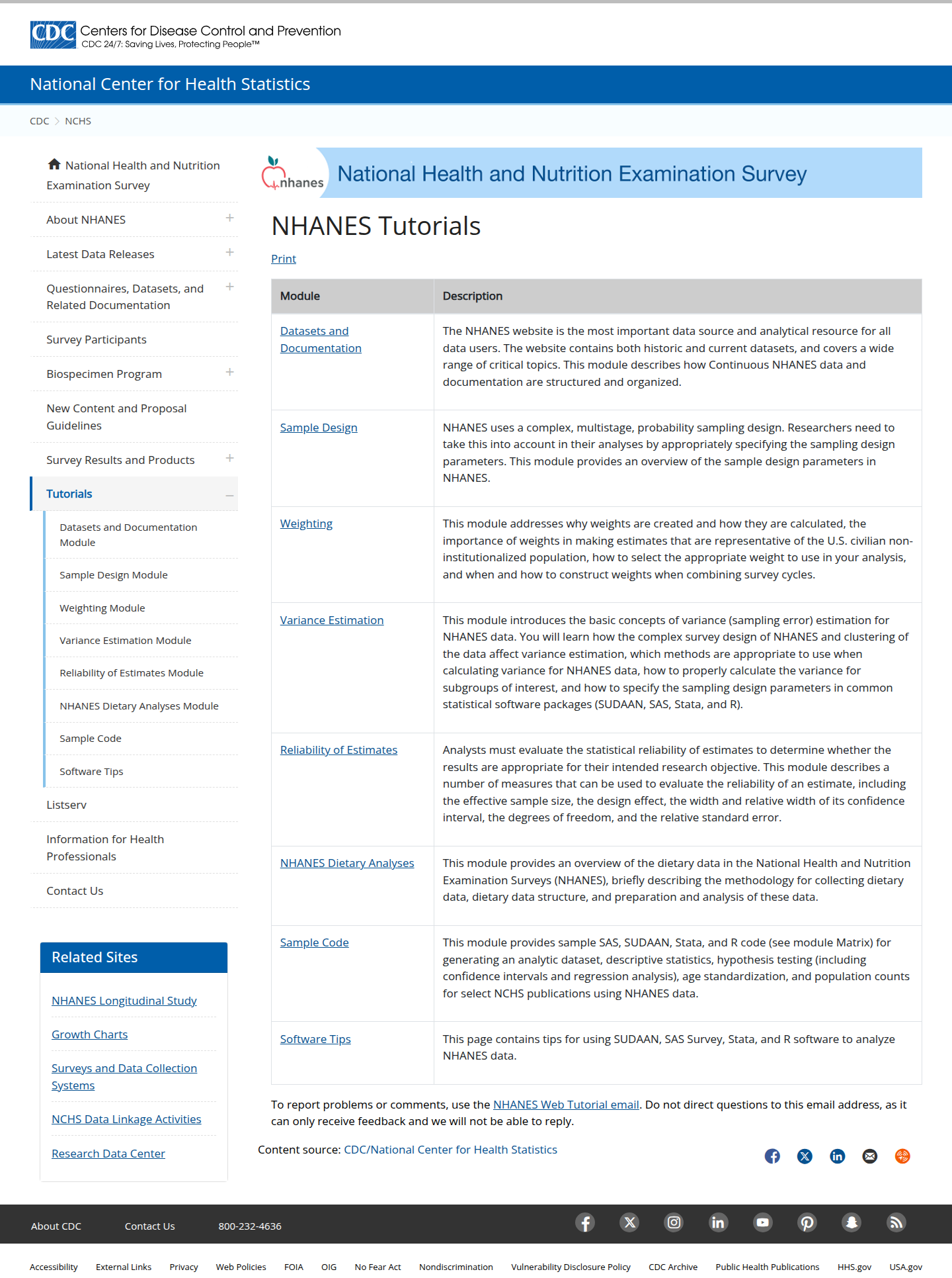 NHANES 官方 Tutorials 教程模块列表