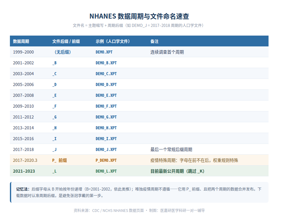 图2 NHANES 数据周期与文件命名速查