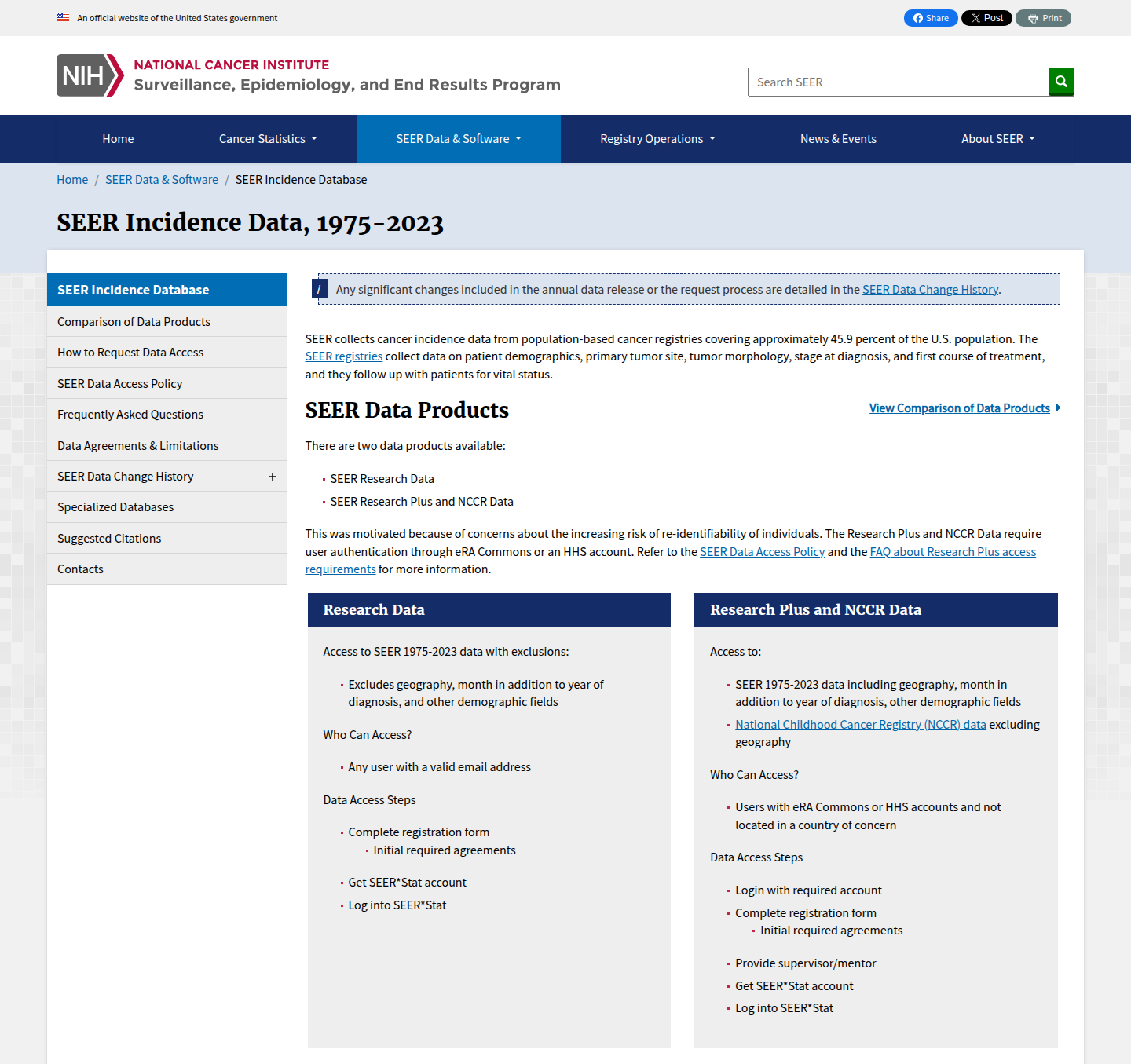 SEER 官网数据页:Research Data 与 Research Plus 两档数据的申请条件对比